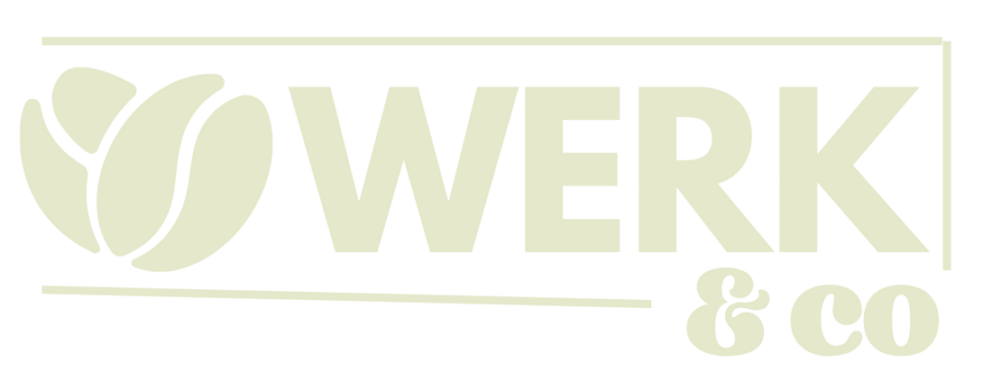A minimalist logo for 'WERK & co' in a pale sage green color, featuring a stylized tulip-like leaf emblem on the left, centered on a solid white background.
