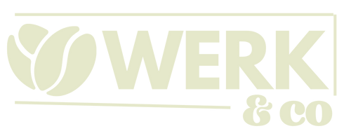 A minimalist logo for 'WERK & co' in a pale sage green color, featuring a stylized tulip-like leaf emblem on the left, centered on a solid white background.