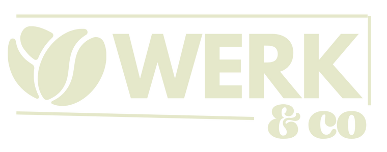 A minimalist logo for 'WERK & co' in a pale sage green color, featuring a stylized tulip-like leaf emblem on the left, centered on a solid white background.